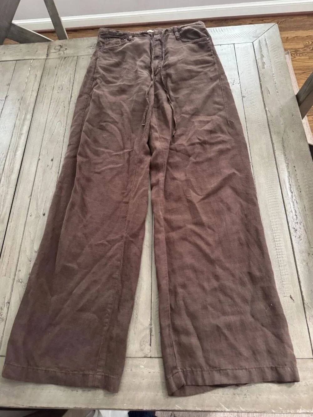 ZARA Loose Fit Linen Lyocell Trouser Pants Drawstring Brown Size 2